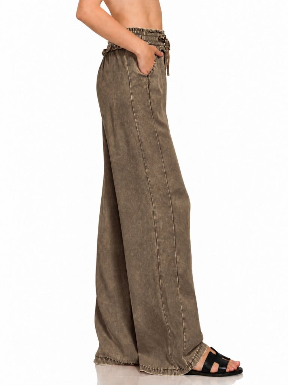 Zenana 100% Tencel Ash Mineral Wash Wide Leg Boho Flowy Pants NWT - Picture 4 of 12